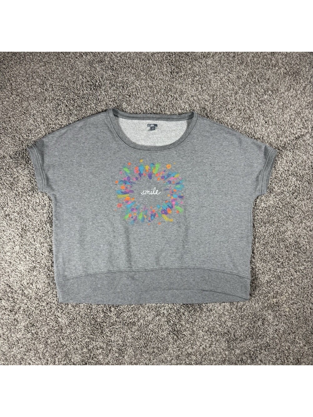 Aerie Gray Short Sleeve Sweatshirt Colorful Smile Graphic Loungewear Size XL